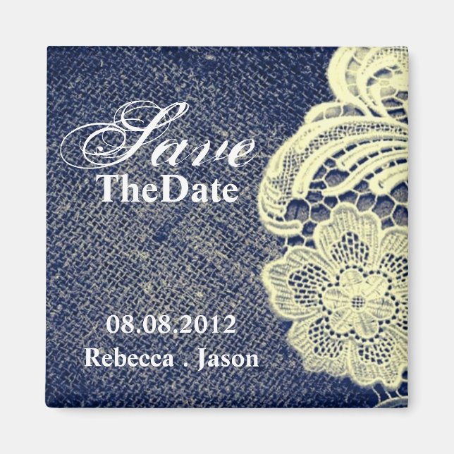 navy blue burlap lace rustic wedding save the date magnet (Front)