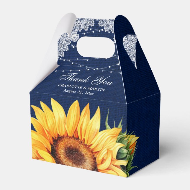 Navy Blue Burlap Lace String Lights Sunflower Favour Box (Front Side)