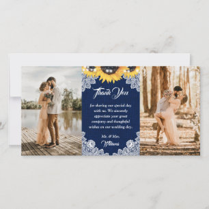 Navy Blue Burlap Lace Sunflower Photo Wedding Thank You Card
