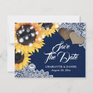Navy Blue Burlap Lace Sunflower Rustic Wedding Announcement