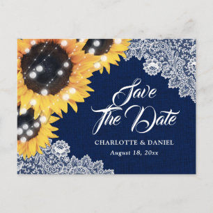 Navy Blue Burlap Lace Sunflower Wedding Announcement Postcard