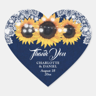 Navy Blue Burlap Lace Sunflower Wedding Thank You Heart Sticker