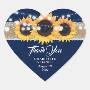 Navy Blue Burlap Lace Sunflower Wedding Thank You Heart Sticker