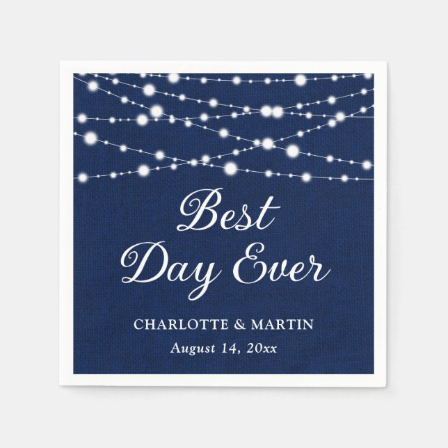 Navy Blue Burlap String Lights Rustic Wedding Napkin (Front)