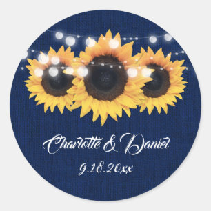 Navy Blue Burlap String Lights Sunflower Wedding Classic Round Sticker