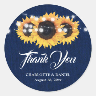 Navy Blue Burlap Sunflower Wedding Thank You Favor Classic Round Sticker