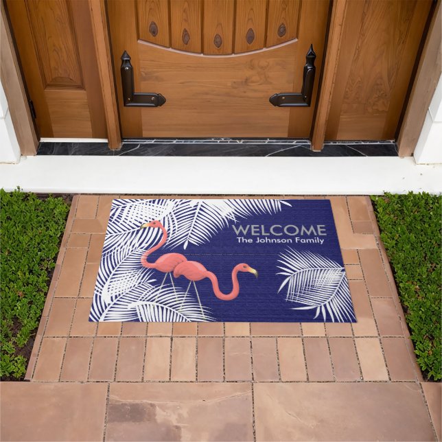 Navy Blue Burlap with Pink Flamingos Doormat (Outdoor)