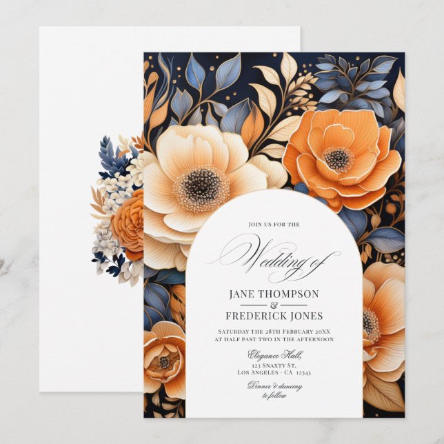 Navy Blue, Burnt Orange and Champagne Wedding Invitation (Front/Back)