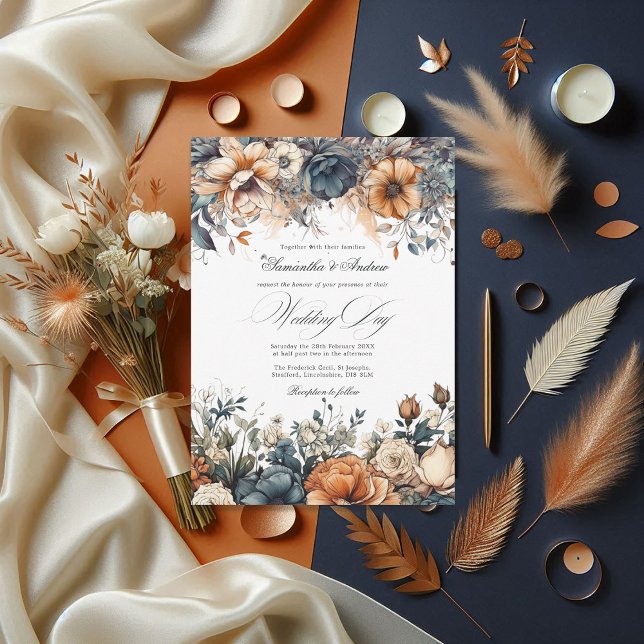 Navy Blue, Burnt Orange and Champagne Wedding Invitation (Navy Blue, Burnt Orange and Champagne Wedding Invitation)