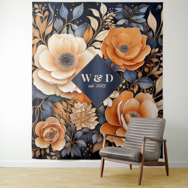 Navy Blue, Burnt Orange and Champagne Wedding Tapestry (In Situ)