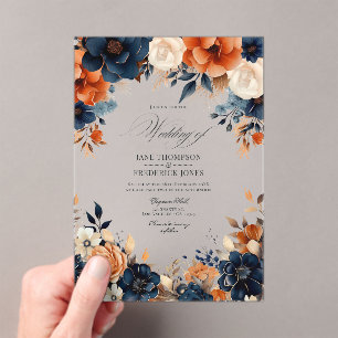 Navy Blue, Burnt Orange & Champagne Floral Wedding Acrylic Invitations