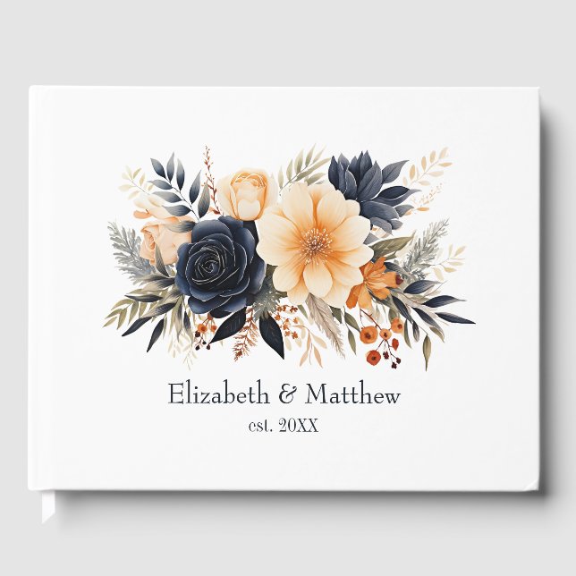 Navy Blue, Burnt Orange & Champagne Floral Wedding Guest Book (Front)
