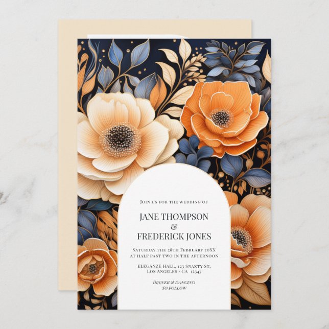 Navy Blue, Burnt Orange & Champagne Floral Wedding Invitation (Front/Back)