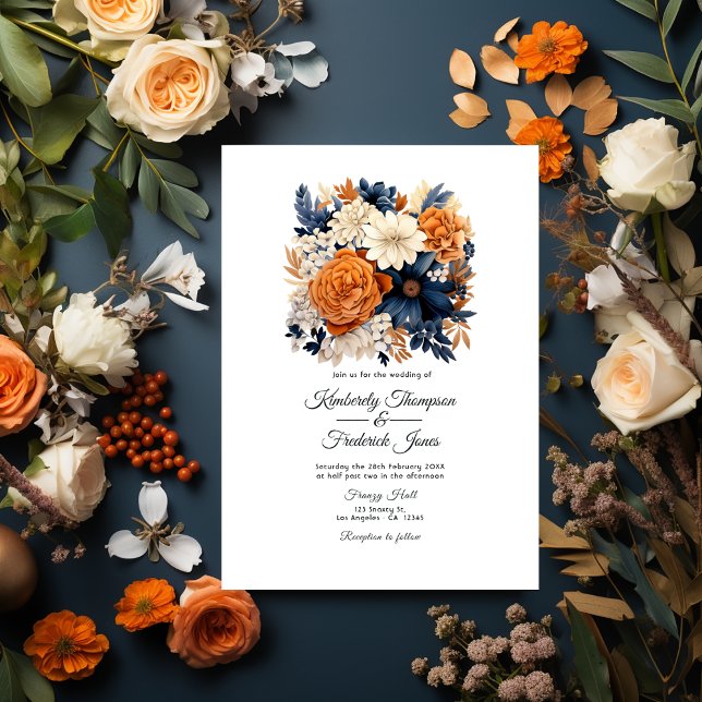 Navy Blue, Burnt Orange & Champagne Floral Wedding Invitation (Navy Blue, Burnt Orange and Champagne)
