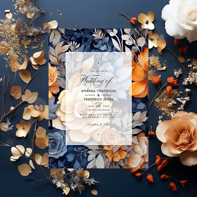 Navy Blue, Burnt Orange & Champagne Floral Wedding Invitation (Creator Uploaded)