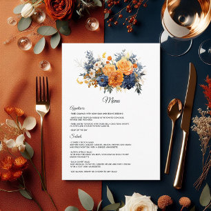 Navy Blue, Burnt Orange & Champagne Floral Wedding Menu