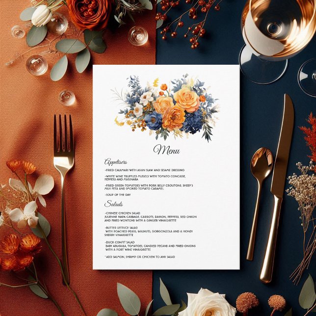 Navy Blue, Burnt Orange & Champagne Floral Wedding Menu (Navy Blue, Burnt Orange and Champagne Floral Wedding Menu)