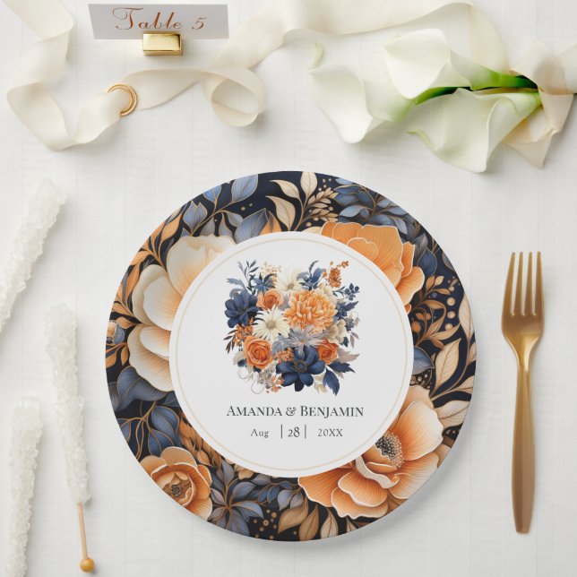Navy Blue, Burnt Orange & Champagne Floral Wedding Paper Plate (Wedding)