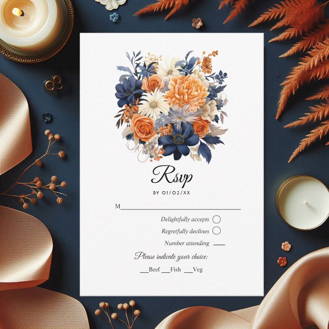 Navy Blue, Burnt Orange & Champagne Floral Wedding RSVP Card (Navy Blue, Burnt Orange & Champagne Floral Wedding RSVP Card)