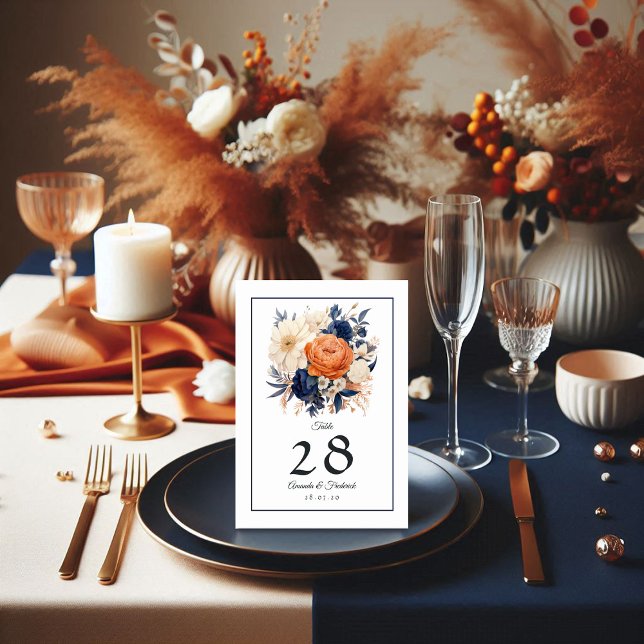 Navy Blue, Burnt Orange & Champagne Floral Wedding Table Number (Navy Blue, Burnt Orange and Champagne Floral Wedding Table Number)