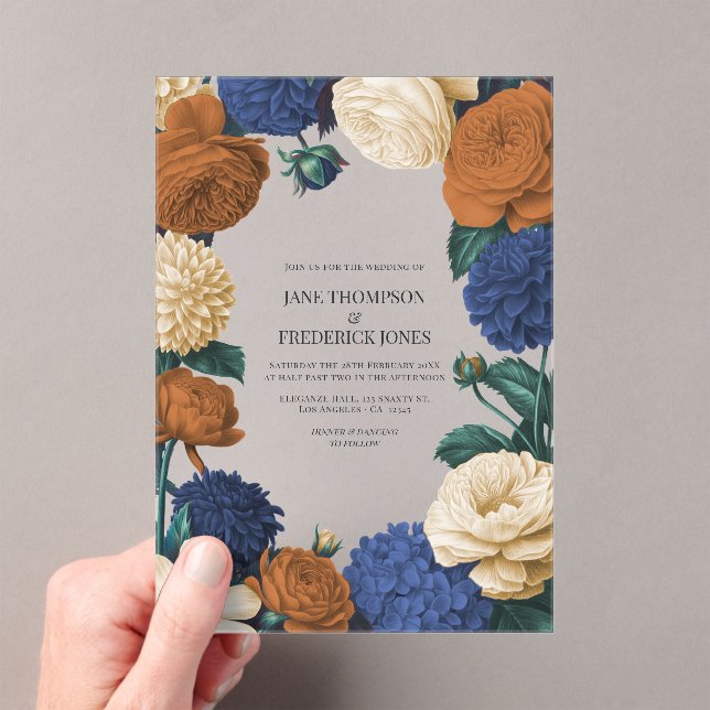 Navy Blue, Burnt Orange & Champagne Wedding Acrylic Invitations (Insitu (Handheld))