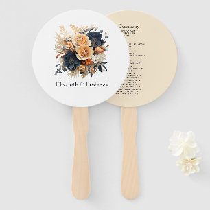 Navy Blue Burnt Orange Champagne Wedding Program Hand Fan