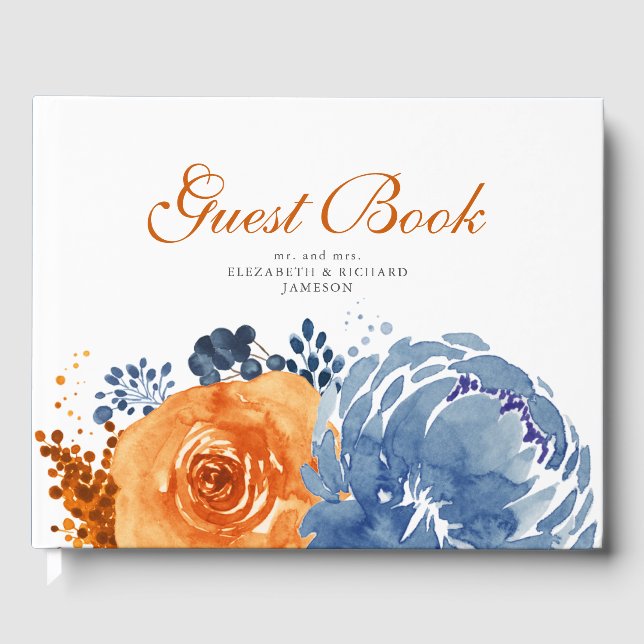 Navy Blue  Burnt Orange Fall Floral Wedding Guest Book (Front)