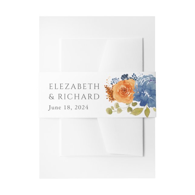 Navy Blue Burnt Orange Fall Floral Wedding  Invitation Belly Band (Front Example)