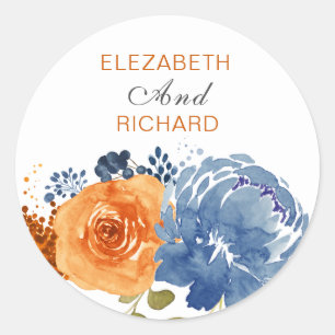 Navy Blue  Burnt Orange Floral Boho Classic Round Sticker