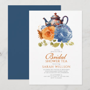 Navy Blue Burnt Orange Floral Bridal Shower Tea Invitation