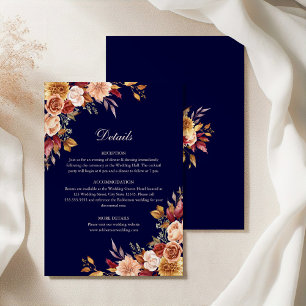 Navy Blue & Burnt Orange  Floral Wedding Details Invitation