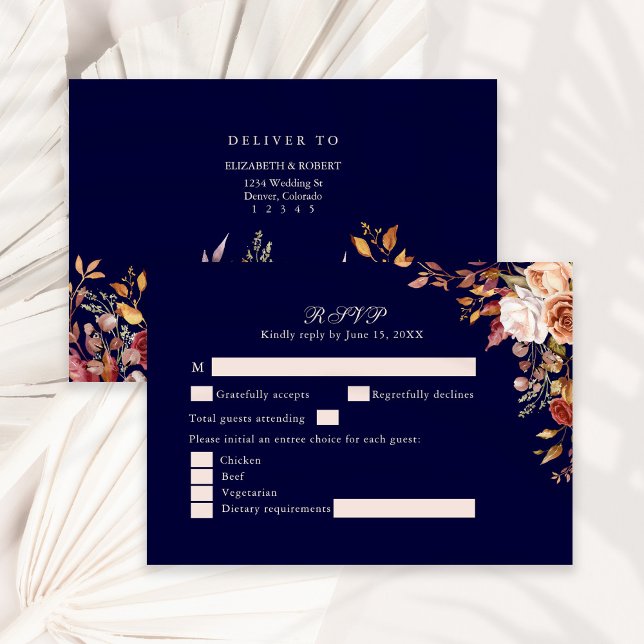 Navy Blue Burnt Orange Floral Wedding RSVP Card (Navy Blue Burnt Orange Floral Wedding RSVP Card on a sunny boho white table.)