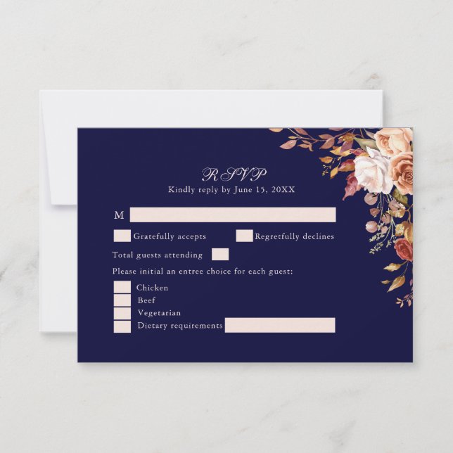 Navy Blue Burnt Orange Floral Wedding RSVP Card (Front)
