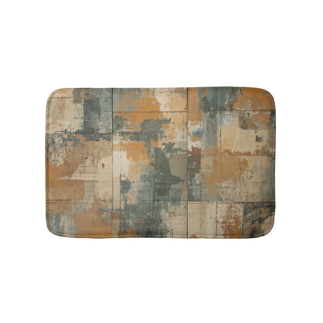 Navy Blue Burnt Orange Rustic Weathered Wood Bath Mat (Front)