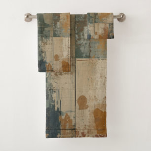 Navy Blue Burnt Orange Rustic Weathered Wood Bath Towel Set