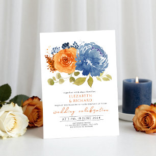 Navy Blue Burnt Orange Terracotta Floral Wedding Invitation