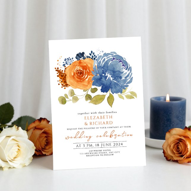  Navy Blue Burnt Orange Terracotta  Floral Wedding Invitation (Creator Uploaded)
