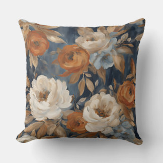 Navy Blue Burnt Orange Watercolor Floral Cushion