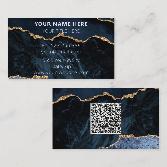Navy Blue Business Card Template with QR Code (Front/Back)