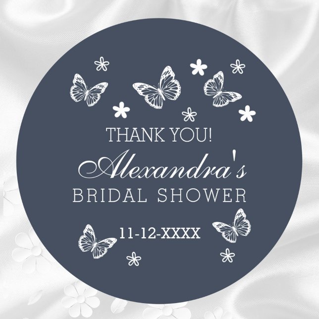 Navy Blue Butterfly Bridal Shower Thank You Classic Round Sticker (Creator Uploaded)