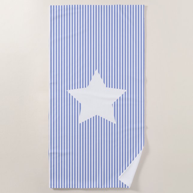 Navy Blue Cabana Stripes & White Star Beach Towel (Front)
