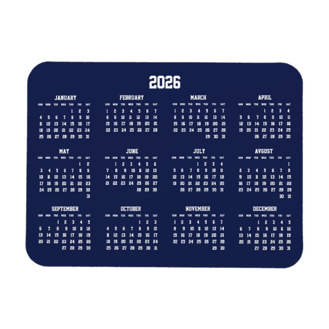 Navy Blue Calendar 2026 Flexible Magnet (Horizontal)
