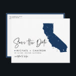 Navy Blue California Map QR Code Save the Date Announcement Postcard<br><div class="desc">Invite your loved ones to your California wedding in a sleek, modern way with this QR Code Save the Date Postcard, featuring a minimalist silhouette of the California state map. Whether you’re planning a glamourous Los Angeles celebration, a scenic Napa Valley wedding, or a coastal ceremony along California’s beautiful beaches,...</div>