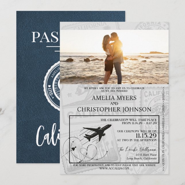 Navy Blue California Passport Wedding Invitation (Front/Back)