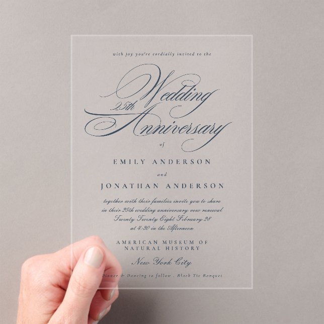 Navy Blue Calligraphy 25th Wedding Anniversary Acrylic Invitations (Insitu (Handheld))