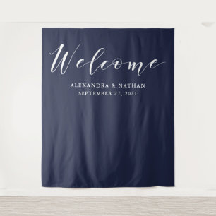 Navy Blue Calligraphy Backdrop   Photo Booth Prop Tapestry