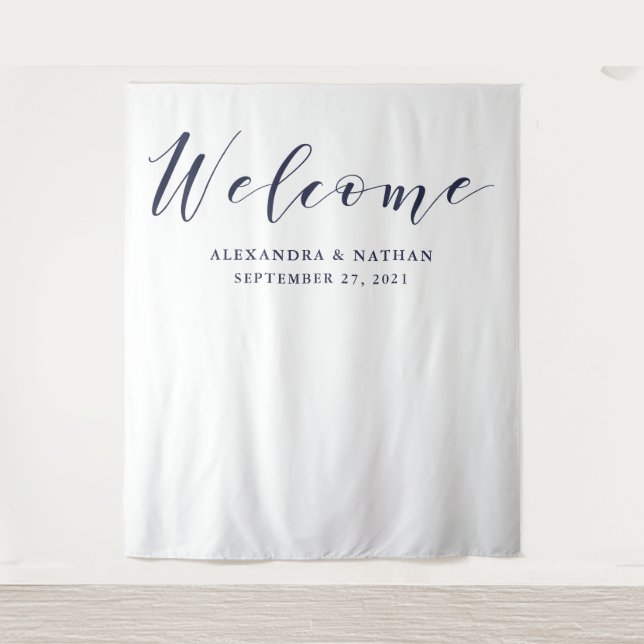 Navy Blue Calligraphy Backdrop | Photo Booth Prop Tapestry (Front)