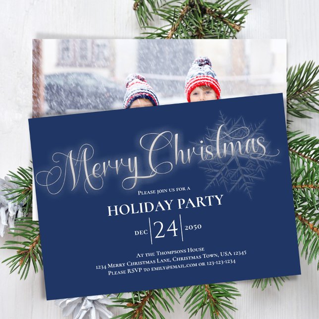 Navy Blue Calligraphy Script Merry Christmas Party Invitation (Merry Christmas holiday invitation with photo on the backside. )