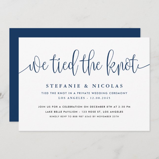 Navy Blue Calligraphy We Tied The Knot Wedding Invitation (Front/Back)