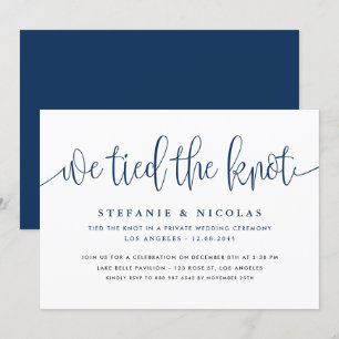 Navy Blue Calligraphy We Tied The Knot Wedding Invitation